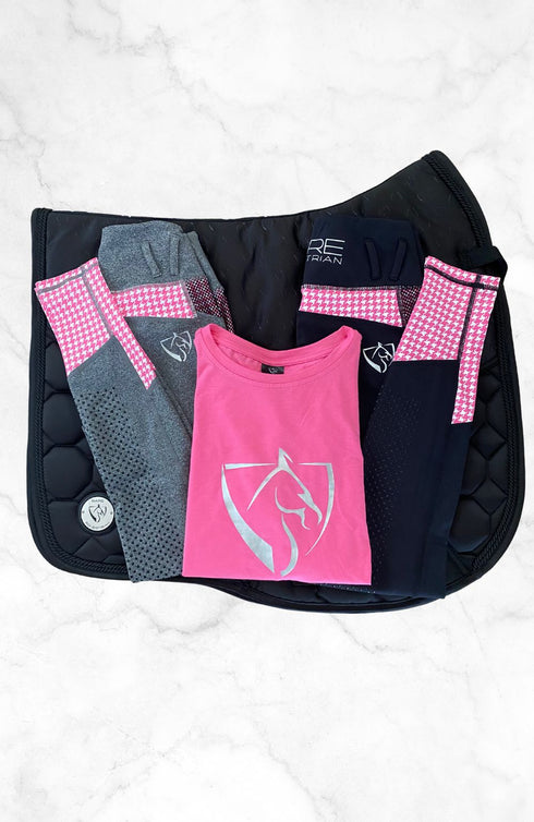 BARE Performance Riding Tights - Grey with Pink Houndstooth